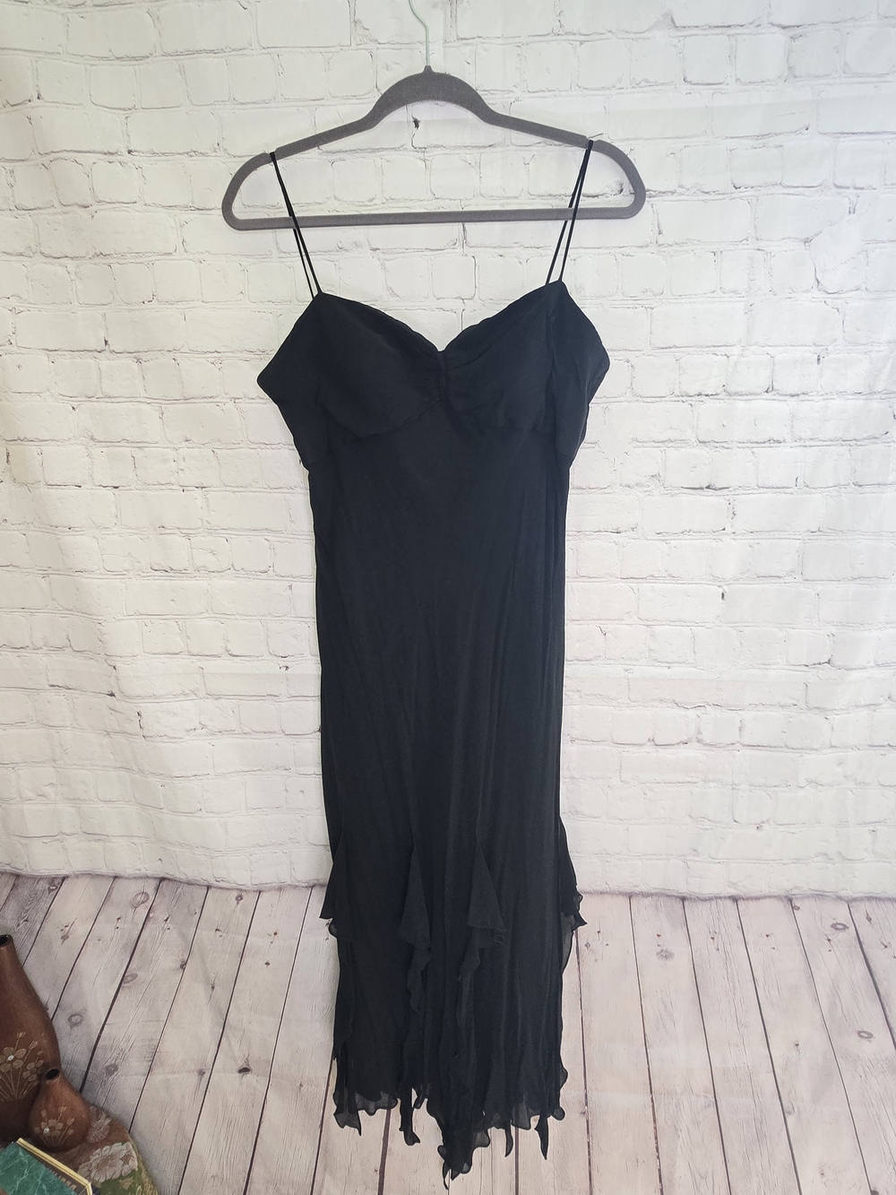 Vtg Y2k 90s  Nine West Black Silk Bias Midi Slip Dress Fairy Grunge Whimsigoth
